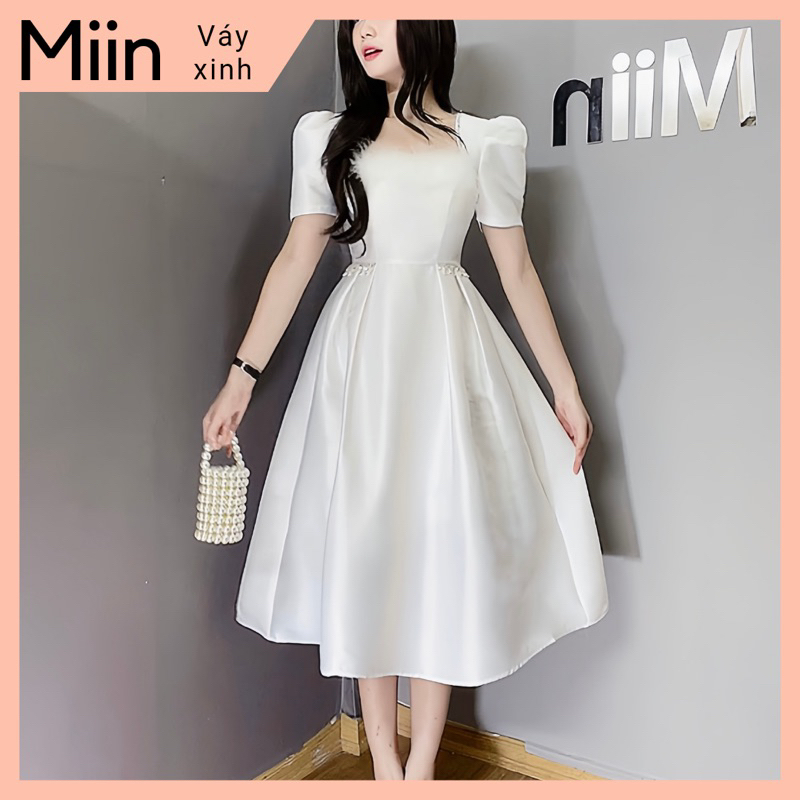 Váy tapta dài cổ vát viền đá phối lông