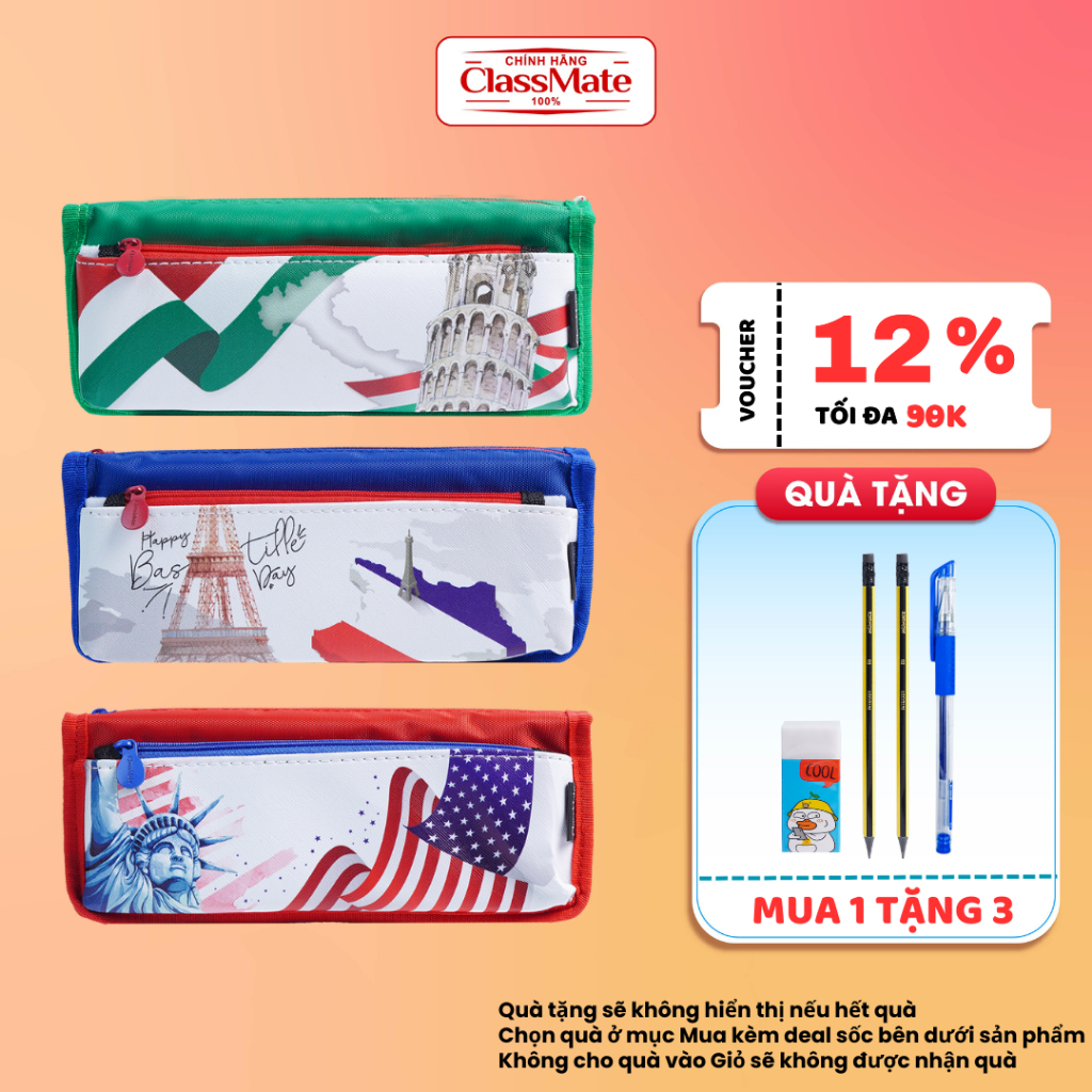 Túi Bút 2 Ngăn CLASSMATE Flag 21cm, Thiết Kế Hình Cờ Các Quốc Gia, Chất Liệu Vải Dù An Toàn CL-22201