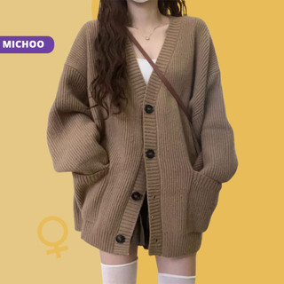 Áo Cardigan Len Tăm Cổ V MICHOO Form Rộng 4 Cúc