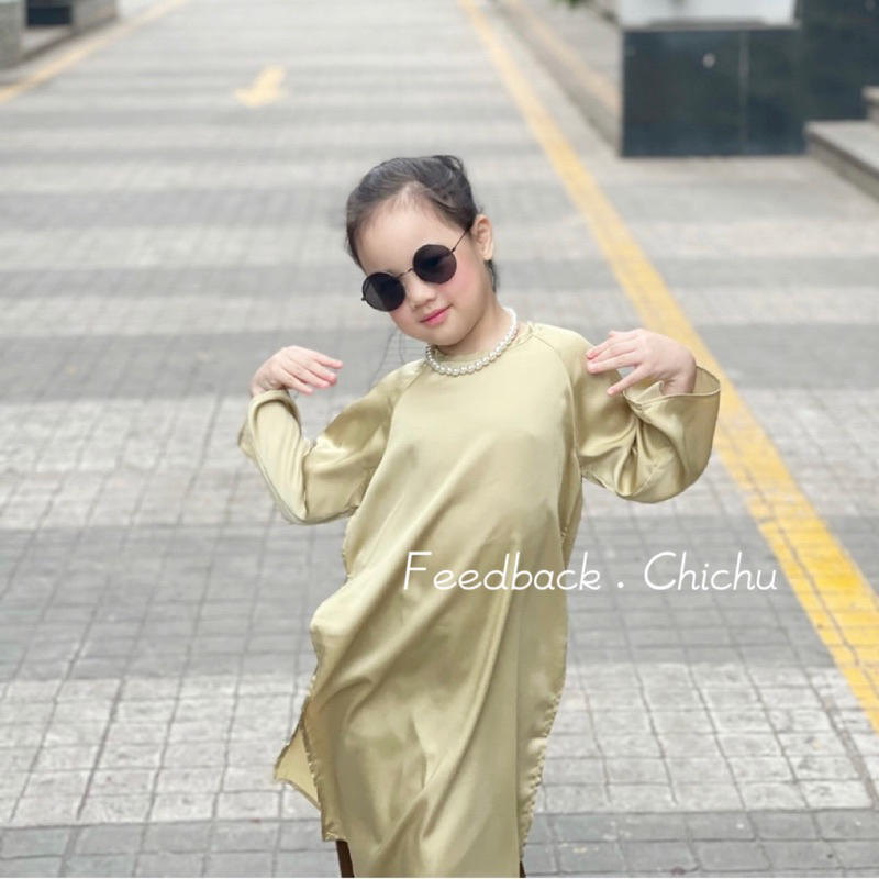 Áo Dài Bé Gái CHICHU xanh cốm lụa ngọc trai Cao Cấp dáng cách tân Tặng Bờm Nhún Và Dây
