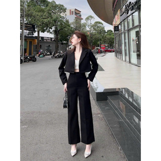 Sét bộ công sở áo cổ vest tay dài dáng croptop quần dài kèm áo lót bên trong sang trọng