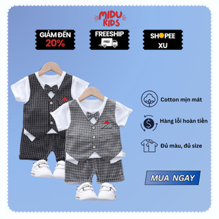 Set công tử cho bé trai (7-18kg)  sơ sinh đến 5 tuổi có nơ họa tiết ca rô cao cấp MiduKid cho bé đi học đi