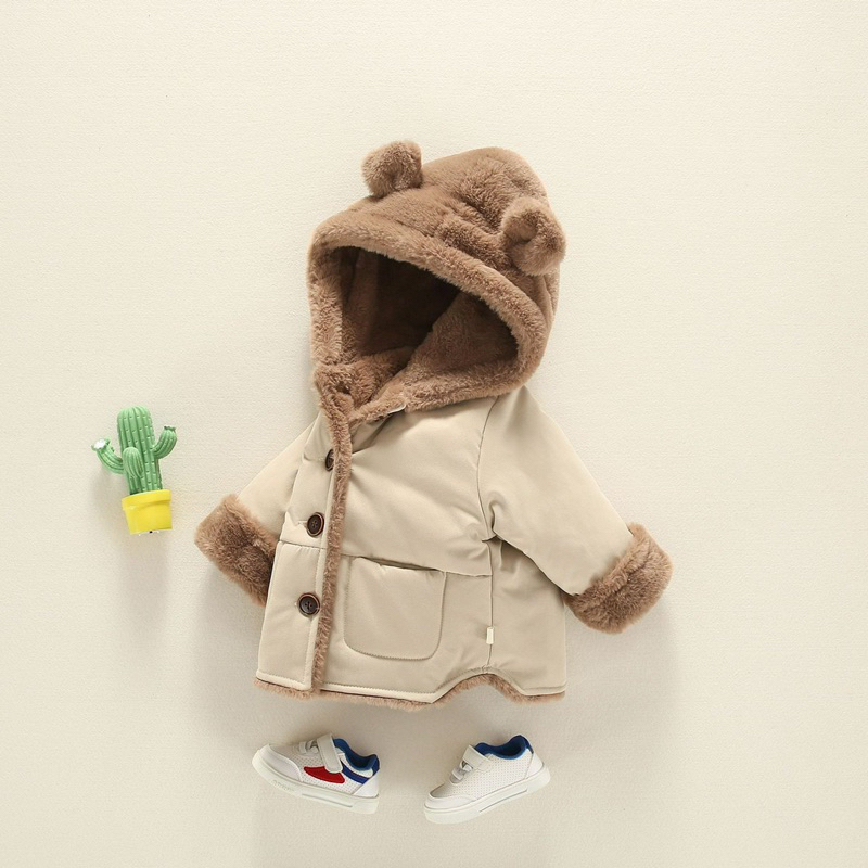 Áo khoác gió lót lông mũ tai gấu cho bé 2 màu be và vàng