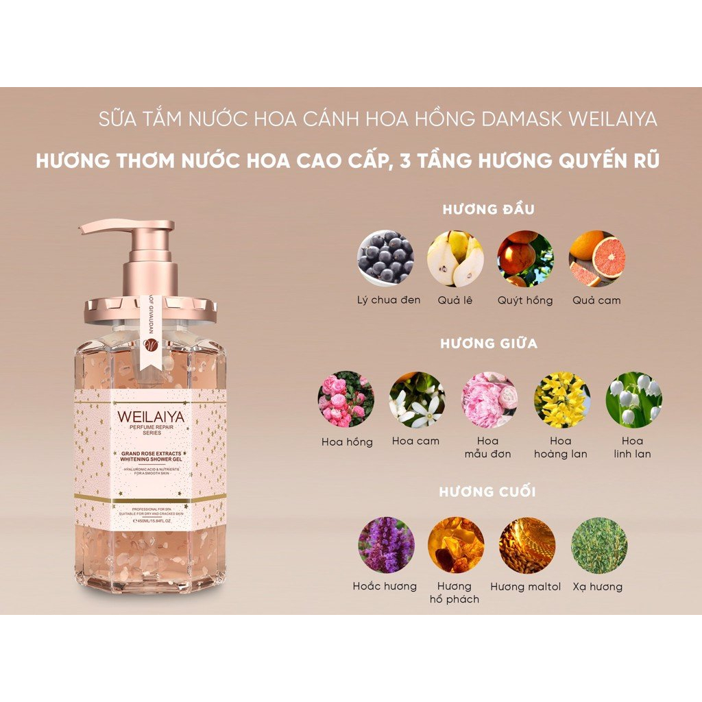 Sữa Tắm Nước Hoa Weilaiya Chính Hãng Tủy Mật Hoa Hồng Damask 450ml Hương Thơm Quyến Rũ Thơm Lâu Hơn Nước Hoa