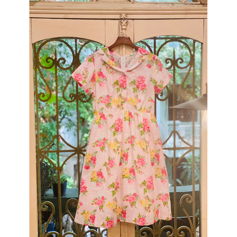 Váy Thiết Kế Vintage Thắt Eo Hoa Hồng Linen Gân Xước Lá In Hoa