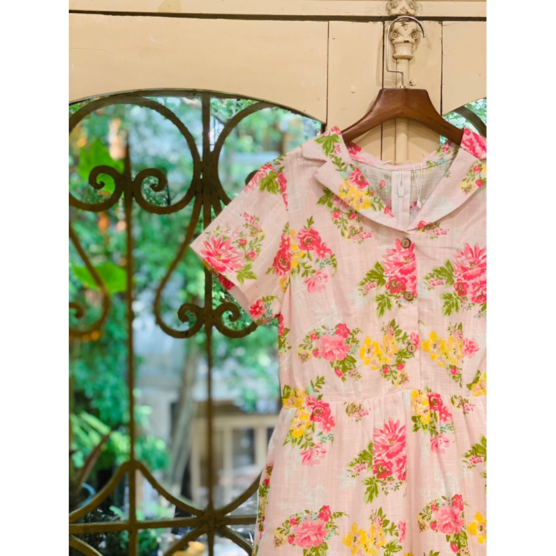 Váy Thiết Kế Vintage Thắt Eo Hoa Hồng Linen Gân Xước Lá In Hoa