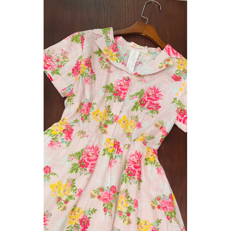 Váy Thiết Kế Vintage Thắt Eo Hoa Hồng Linen Gân Xước Lá In Hoa