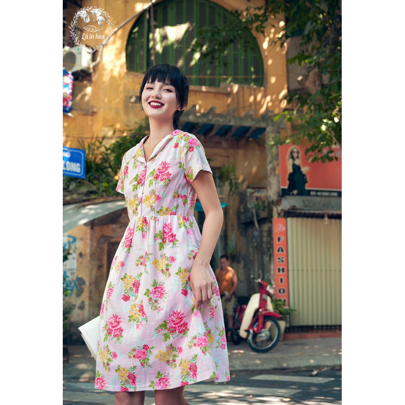 Váy Thiết Kế Vintage Thắt Eo Hoa Hồng Linen Gân Xước Lá In Hoa