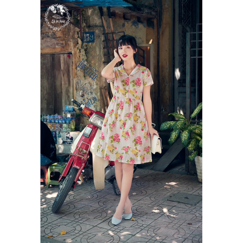 Váy Thiết Kế Vintage Thắt Eo Hoa Hồng Linen Gân Xước Lá In Hoa
