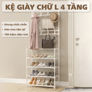 Kệ để giày dép thông minh chữ l 4 tầng và có móc treo quần áo màu ngẫu nhiên
