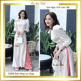 Áo dài tay phồng màu trơn đính nơ tiểu thư lụa cao cấp truyền thống giáo viên công sở may sẵn - Áo dài Việt
