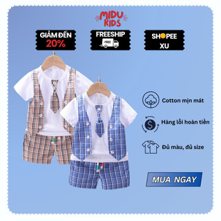 Bộ công tử cho bé trai (7-18kg) sơ sinh đến 5 tuổi kèm cà vạt họa tiết ca rô cao cấp MiduKid