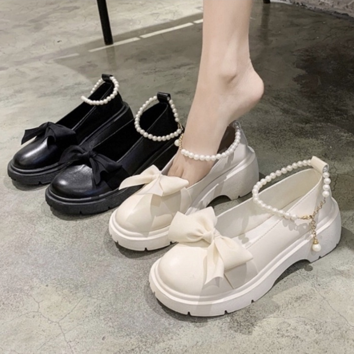 Giày lolita nữ quai ngọc mũi nơ, Giày búp bê nữ đế độn phong cách hàn quốc