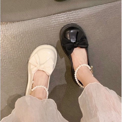 Giày lolita nữ quai ngọc mũi nơ, Giày búp bê nữ đế độn phong cách hàn quốc