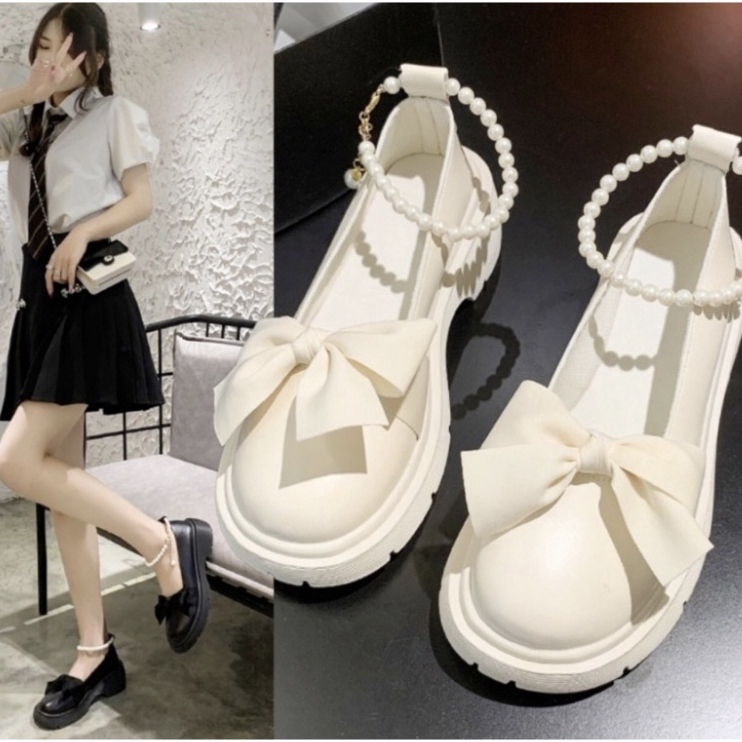 Giày lolita nữ quai ngọc mũi nơ, Giày búp bê nữ đế độn phong cách hàn quốc