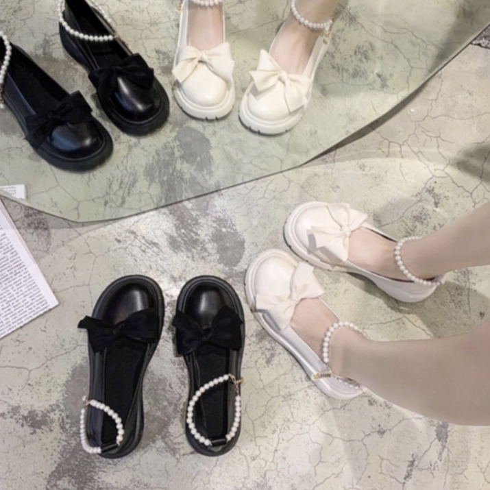 Giày lolita nữ quai ngọc mũi nơ, Giày búp bê nữ đế độn phong cách hàn quốc