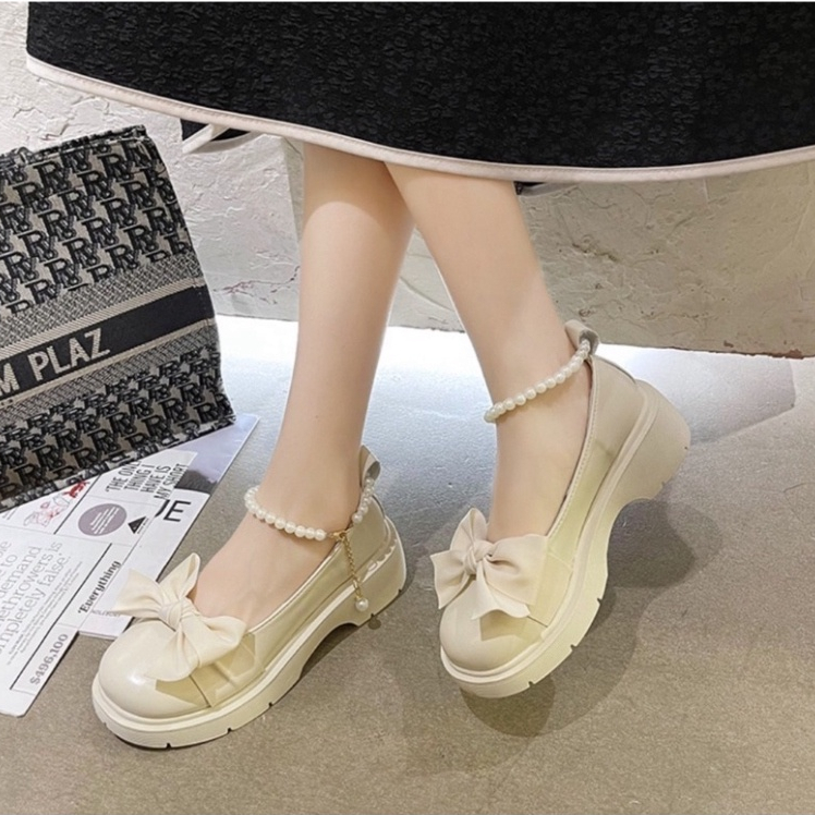 Giày lolita nữ quai ngọc mũi nơ, Giày búp bê nữ đế độn phong cách hàn quốc