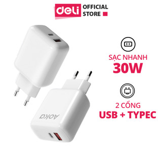 Củ Sạc Nhanh AOKA by Deli VS6013 - Cục Sạc 2 Cổng USB-A Type C Công Suất 30W Chân Tròn Cho Điện Thoại Máy Tính Bảng