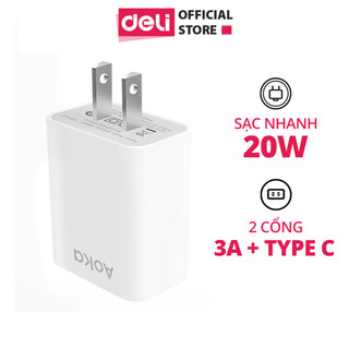 Củ Sạc Nhanh AOKA by Deli VS6022 - Cục Sạc 1 Cổng Type C Công Suất 20W Chân Dẹt Cho Điện Thoại Máy Tính Bảng