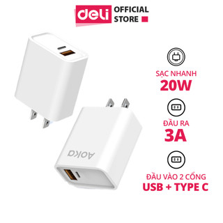 Củ Sạc Nhanh AOKA by Deli VS6023 - Cục Sạc 2 Cổng USB-A Type C Công Suất 20W Chân Dẹt Cho Điện Thoại Máy Tính Bảng