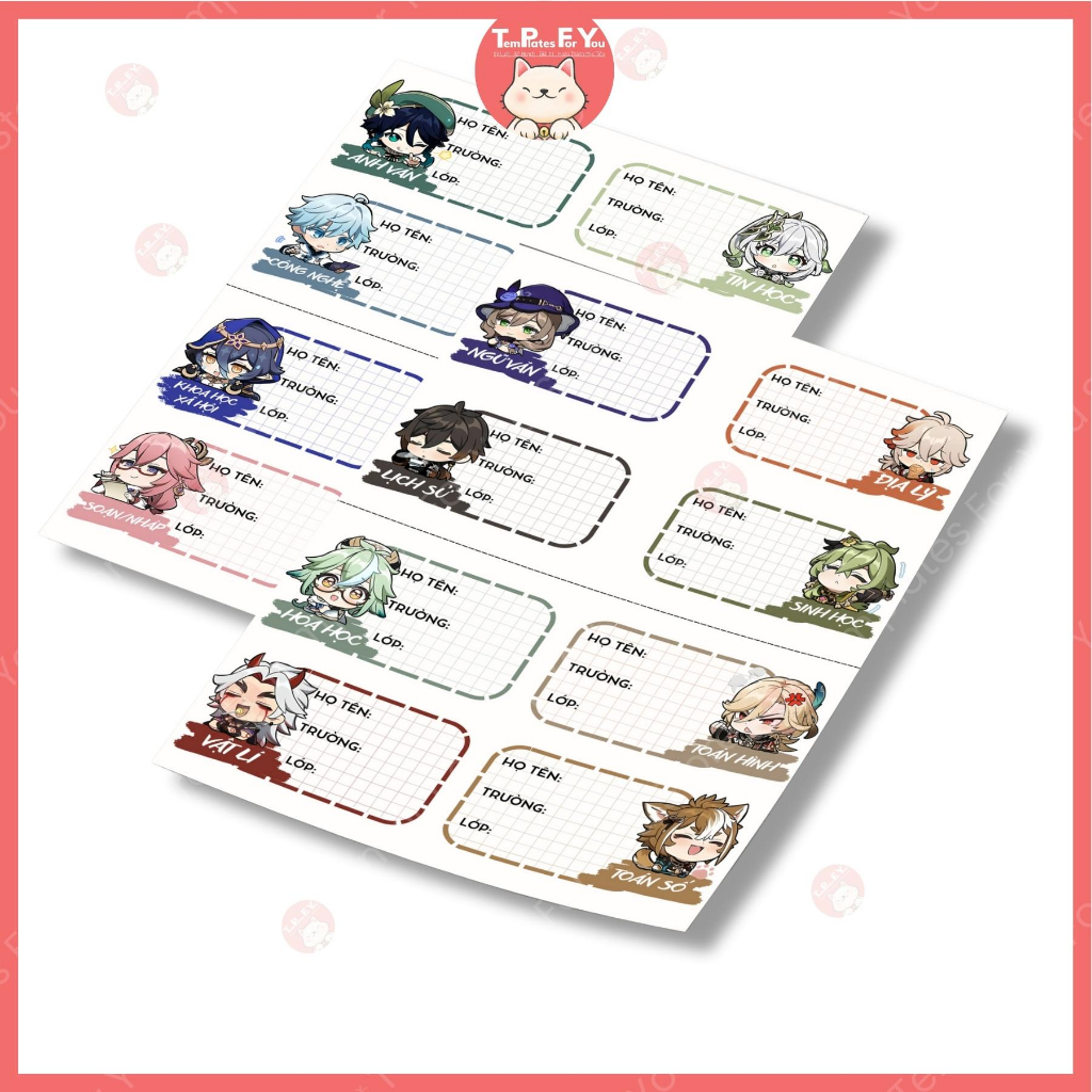 Nhãn vở - đồ dùng học tập -  Genshin Impact SET 8 nhãn siêu dễ thương -  Templates For you