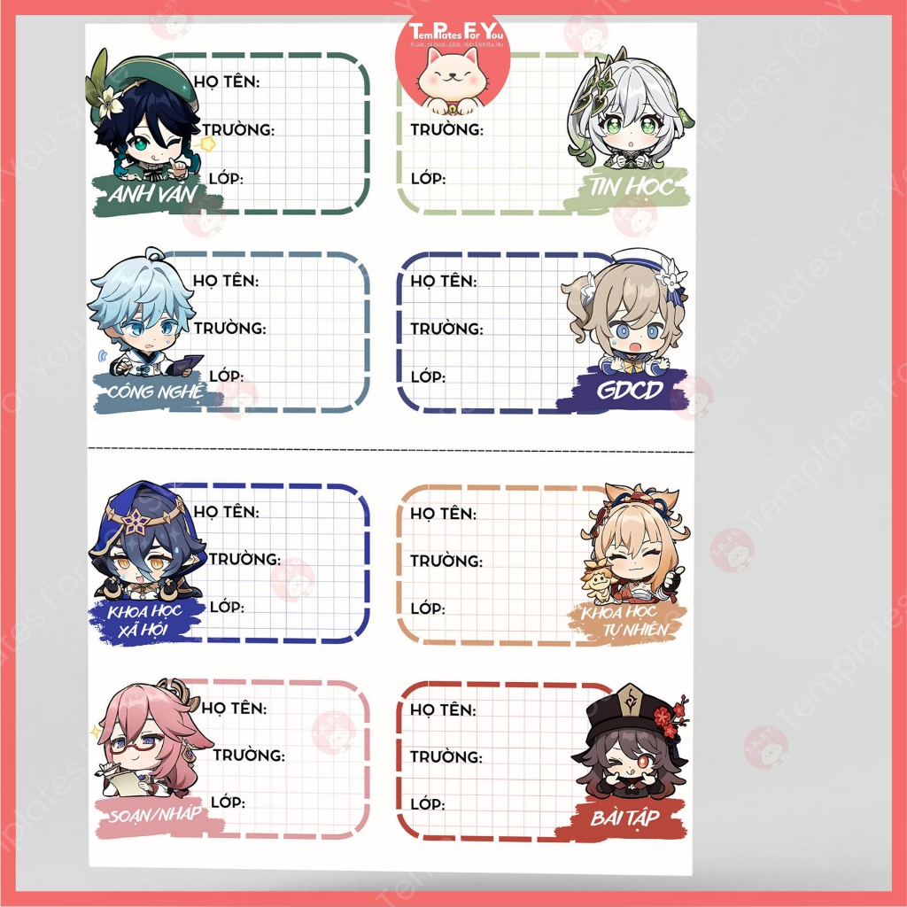 Nhãn vở - đồ dùng học tập -  Genshin Impact SET 8 nhãn siêu dễ thương -  Templates For you