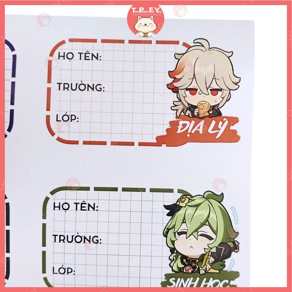 Nhãn vở - đồ dùng học tập -  Genshin Impact SET 8 nhãn siêu dễ thương -  Templates For you