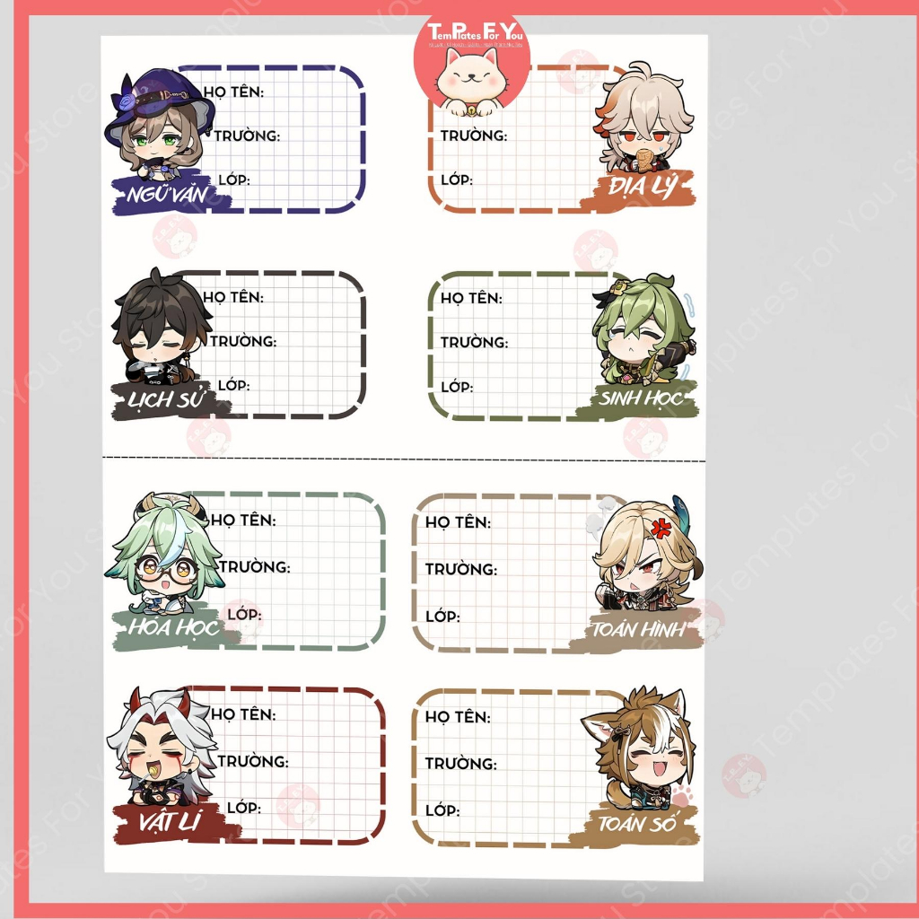 Nhãn vở - đồ dùng học tập -  Genshin Impact SET 8 nhãn siêu dễ thương -  Templates For you