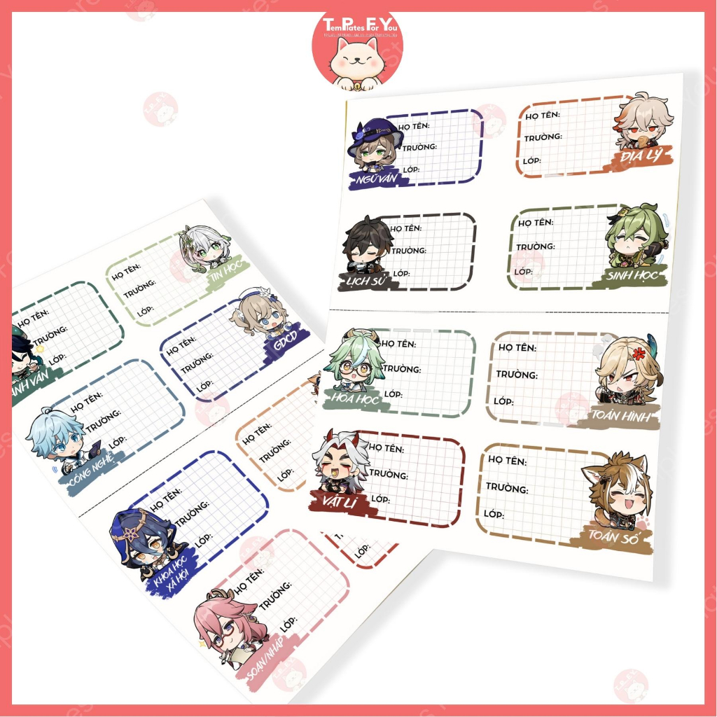 Nhãn vở - đồ dùng học tập -  Genshin Impact SET 8 nhãn siêu dễ thương -  Templates For you