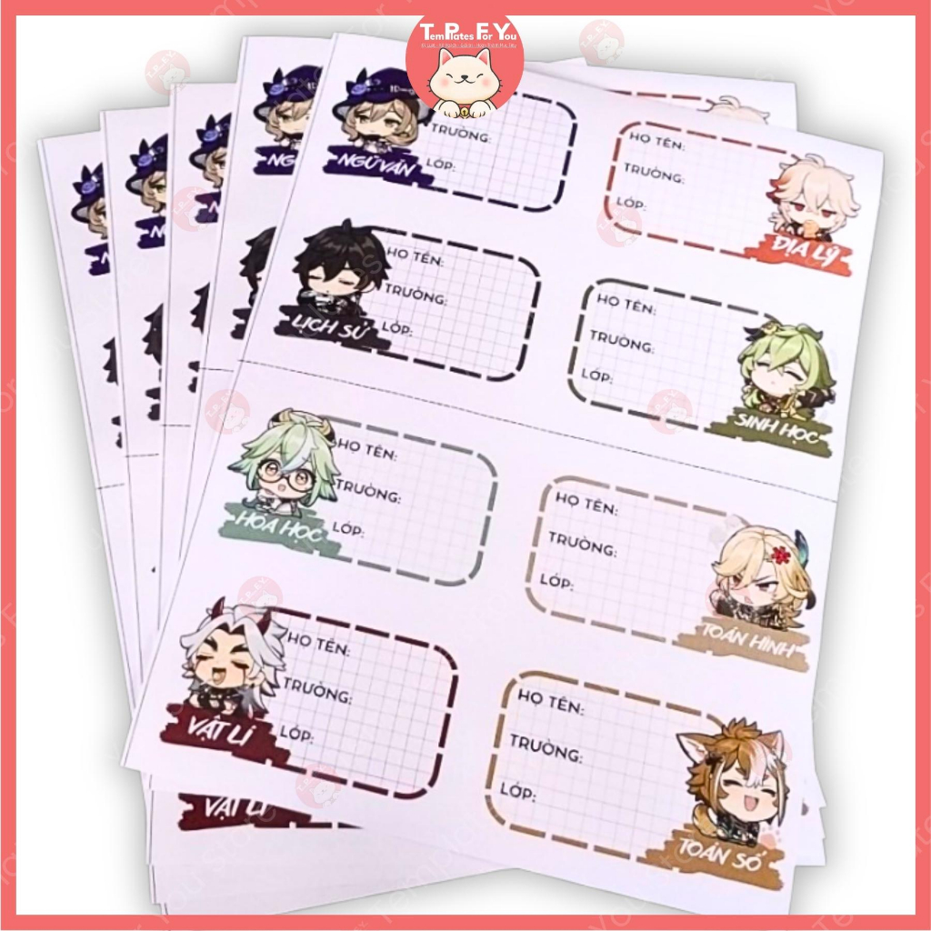 Nhãn vở - đồ dùng học tập -  Genshin Impact SET 8 nhãn siêu dễ thương -  Templates For you