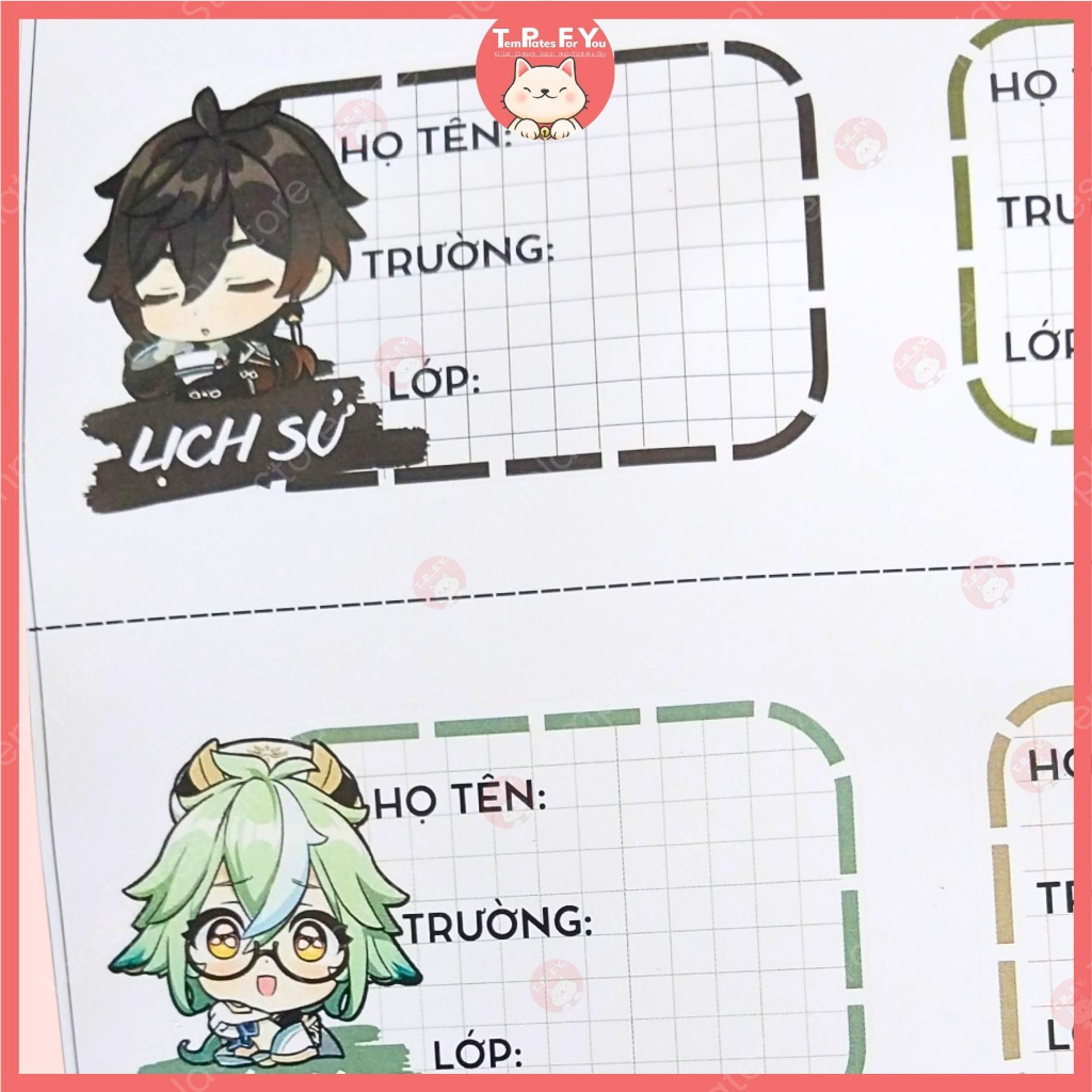 Nhãn vở - đồ dùng học tập -  Genshin Impact SET 8 nhãn siêu dễ thương -  Templates For you