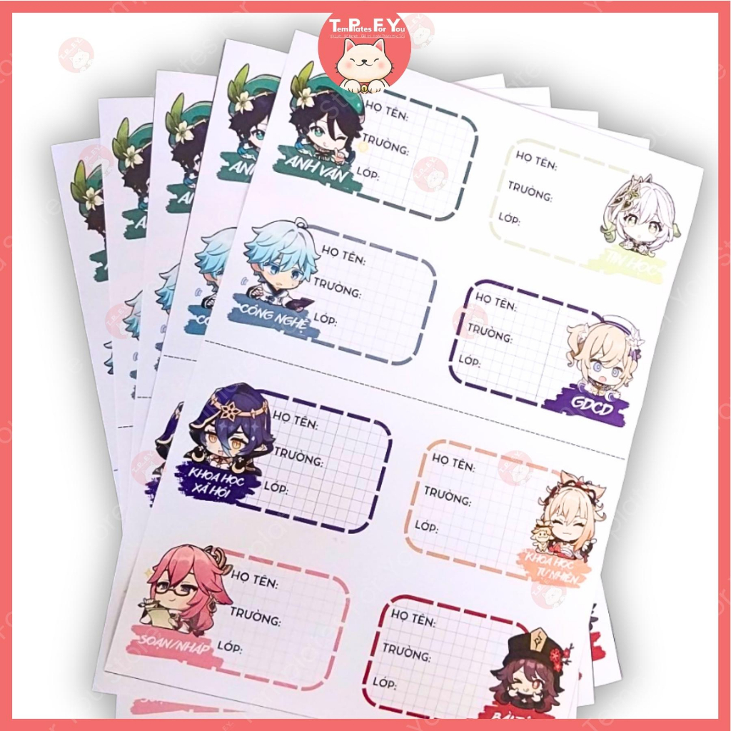 Nhãn vở - đồ dùng học tập -  Genshin Impact SET 8 nhãn siêu dễ thương -  Templates For you