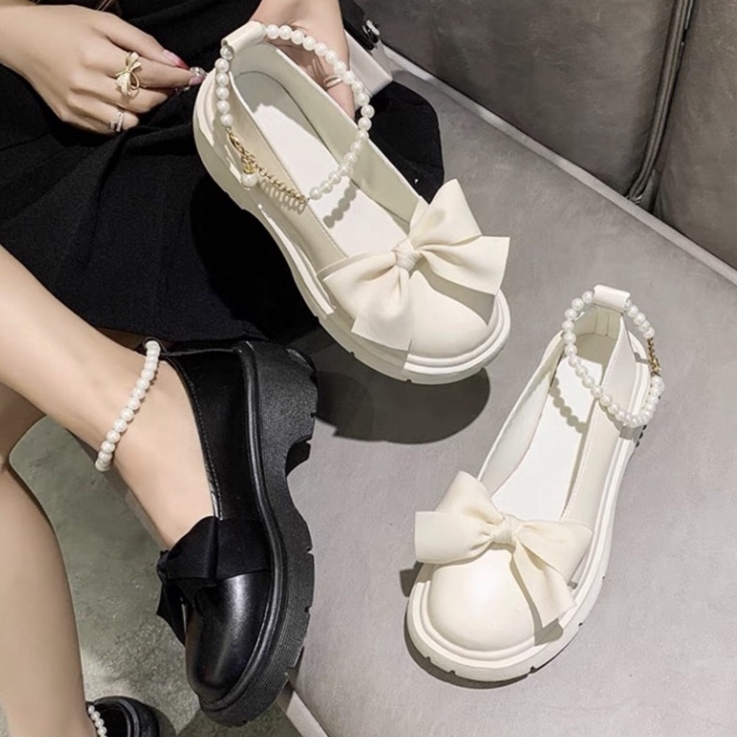 Giày lolita nữ quai ngọc mũi nơ, Giày búp bê nữ đế độn phong cách hàn quốc