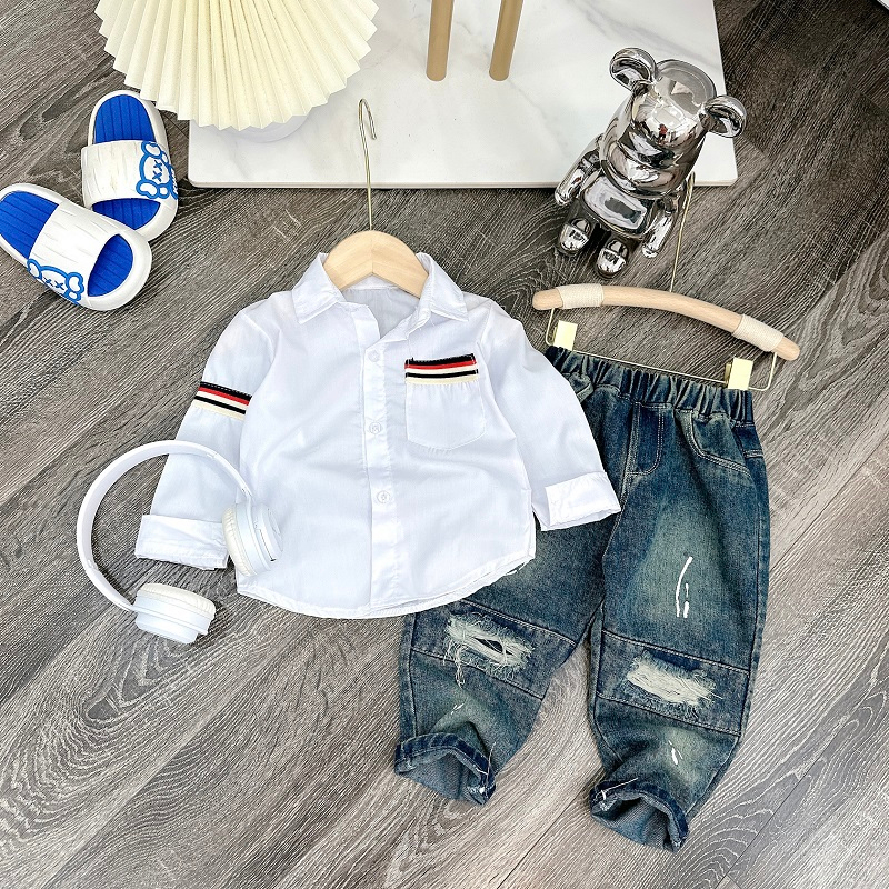 Set sơ mi trắng kèm quần jean dài cho bé trai size 10-28kg,quần áo trẻ em