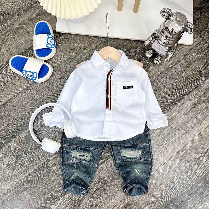 Set sơ mi trắng kèm quần jean dài cho bé trai size 10-28kg,quần áo trẻ em