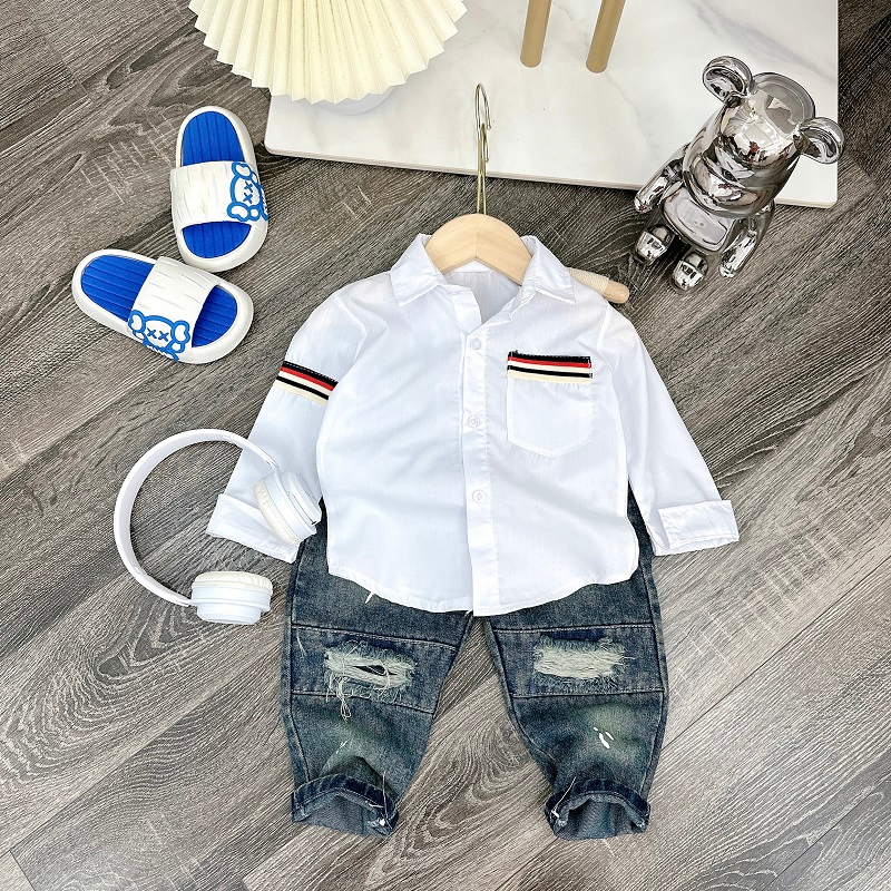 Set sơ mi trắng kèm quần jean dài cho bé trai size 10-28kg,quần áo trẻ em