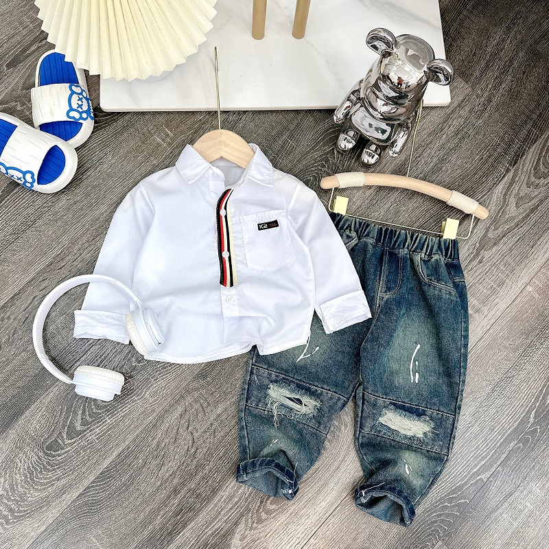 Set sơ mi trắng kèm quần jean dài cho bé trai size 10-28kg,quần áo trẻ em