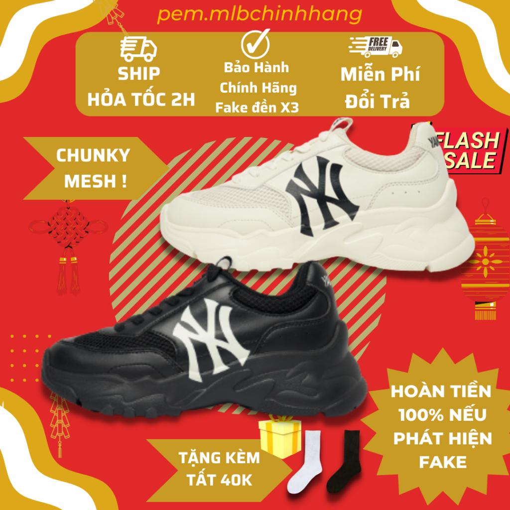 Giày thể thao MLB Chính Hãng chunky Mesh trắng đen dễ phối đồ, đế độn 6cm