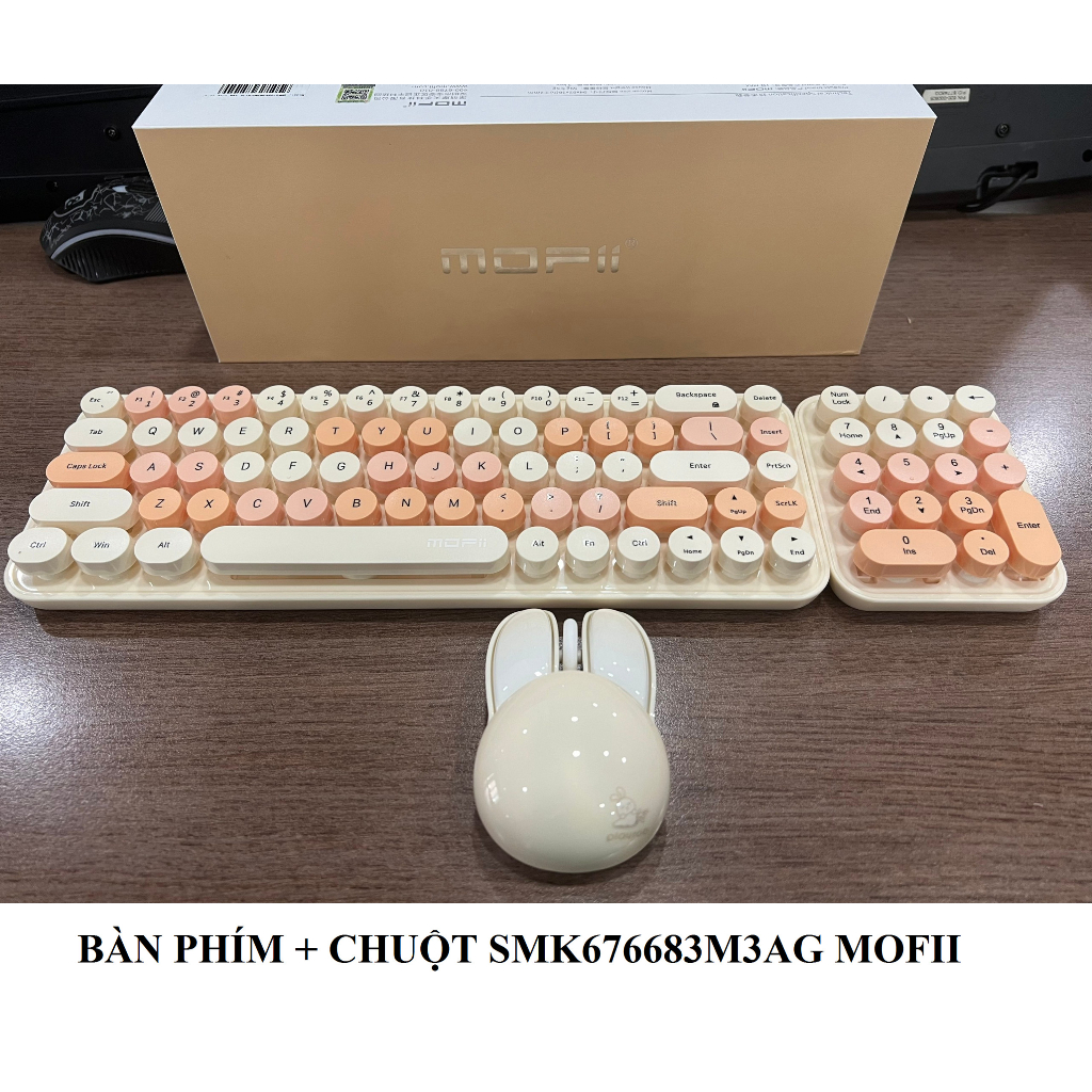 BỘ BÀN PHÍM + CHUỘT+ PHÍM SỐ SMK676683M3AG KHÔNG DÂY MÀU NÂU TRÀ SỮA MOFII THIẾT KẾT VINTAGE-HT