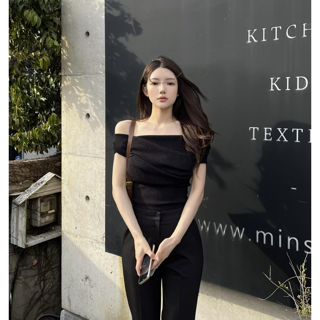 Áo Trễ Vai Len Tay Ngắn Hàn Quốc