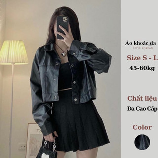 Áo khoác da dáng croptop phối cúc bấm