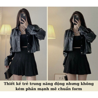 Áo khoác da dáng croptop phối cúc bấm