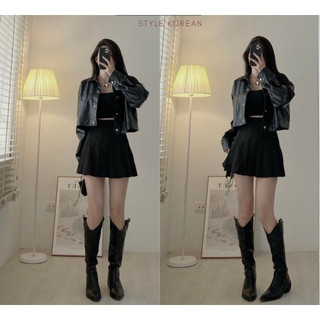 Áo khoác da dáng croptop phối cúc bấm