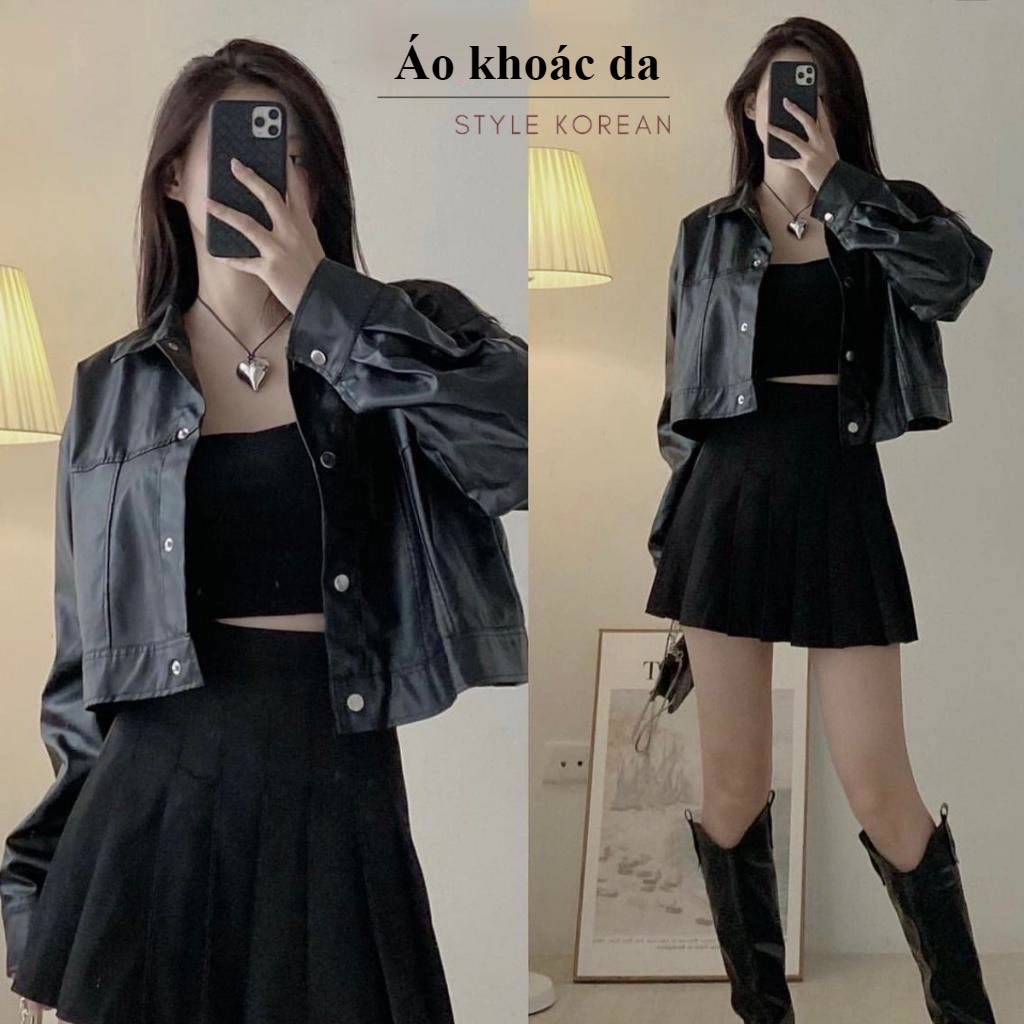 Áo khoác da dáng croptop phối cúc bấm