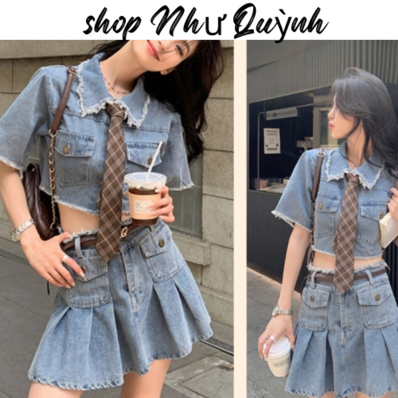 Set bộ denim jeans áo croptop có cổ tay cộc kèm chân váy ngắn xếp ly cạp cao túi hộp rách nhẹ bò  40-60kg - Violee669