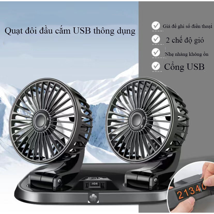 Quạt mini 5V  xoay 360 tiện ích trên ô tô, xe hơi, bàn làm việc, để được số điện thoại Tặng tẩu 2USB