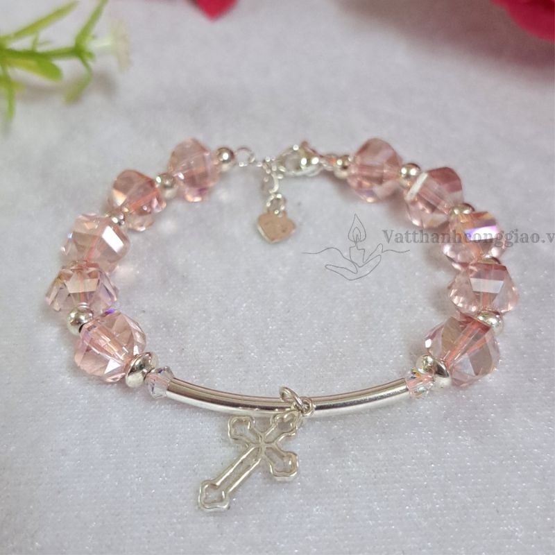 Vòng Tay/ Lắc Tay Mân Côi Công Giáo Phale Hồng Mix Bạc 925