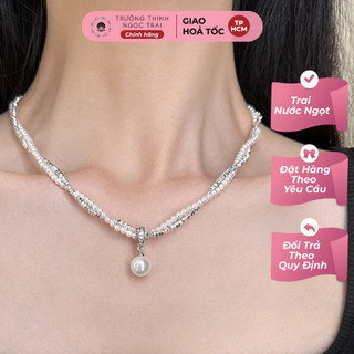 Dây chuyền sợi đôi đoan xoắn bạc hạt nhỏ mix ngọc trai hạt 3ly tròn mặt tròn - ngọc trai trường thịnh
