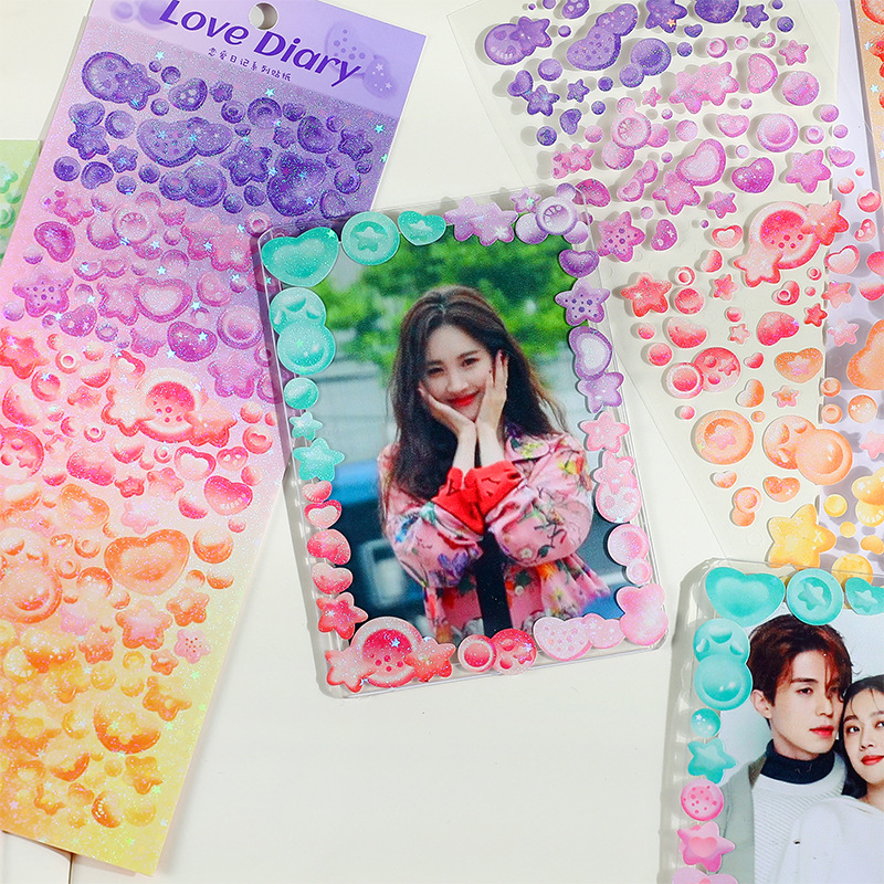 Zanmo tấm hình dán sticker bong bóng tim ngôi sao kim tuyến decor toploader