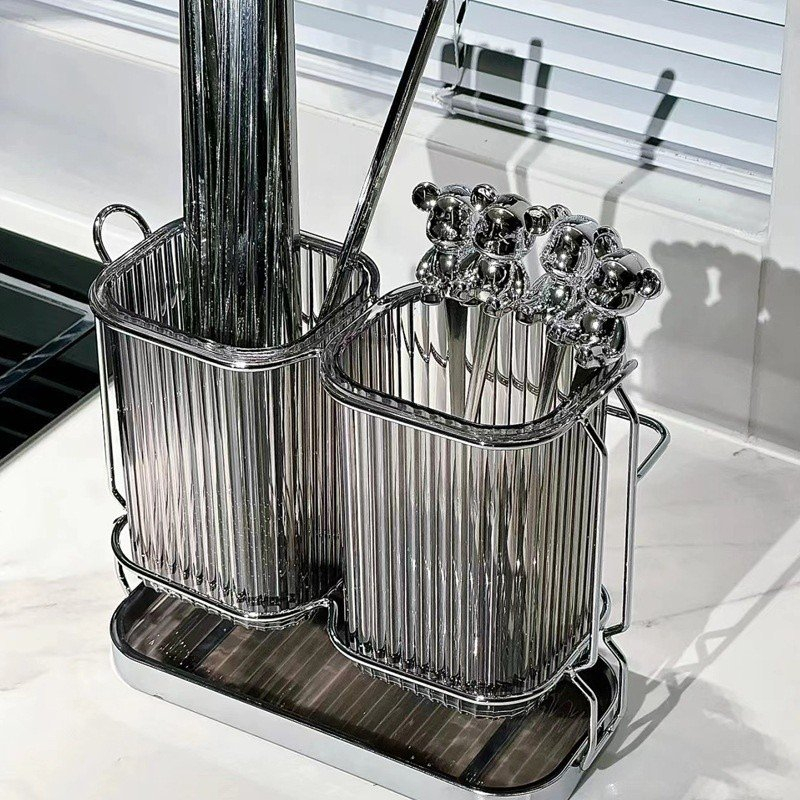 Ống đựng đũa muỗng meka 2 khay đựng khung kim loại có khay hứng nước phong cách Bắc Âu sang trọng, ống đựng đũa thìa